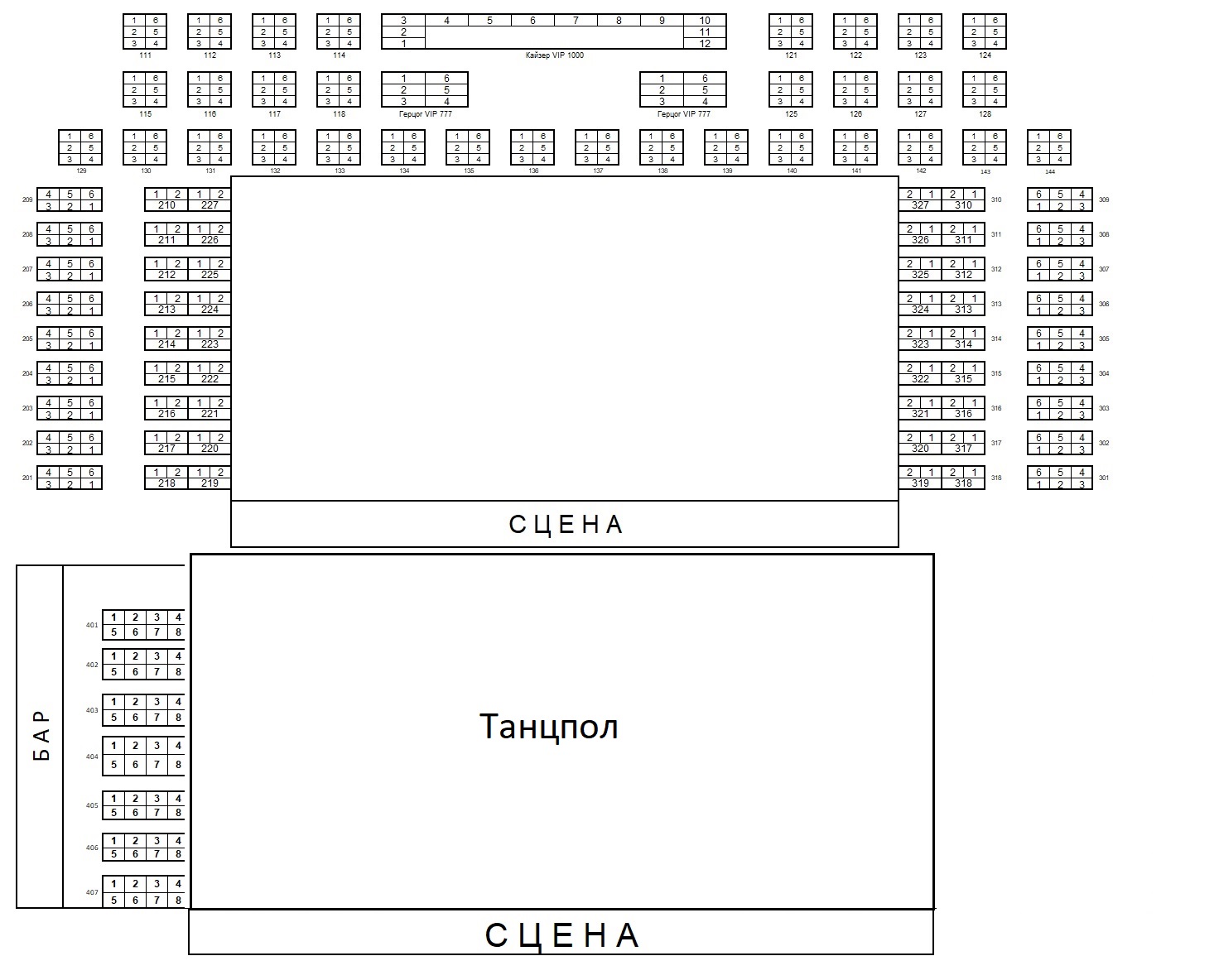 Схема зала с номерами мест