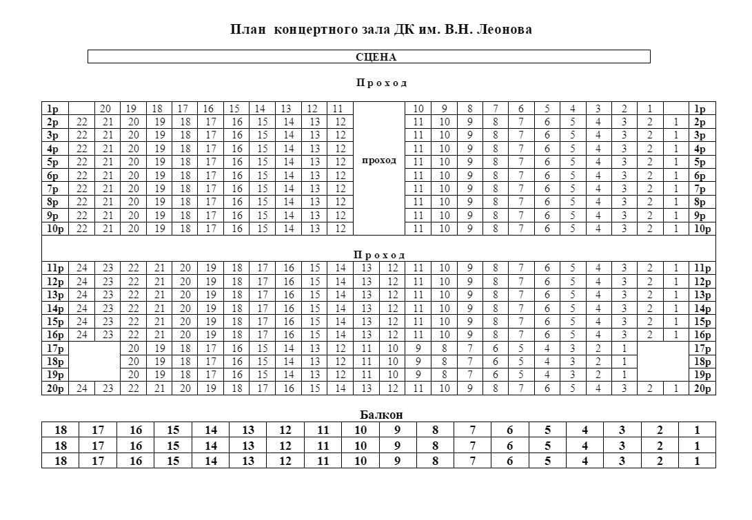 Схема зала Дворец культуры имени В.Н. Леонова (Зарайск)